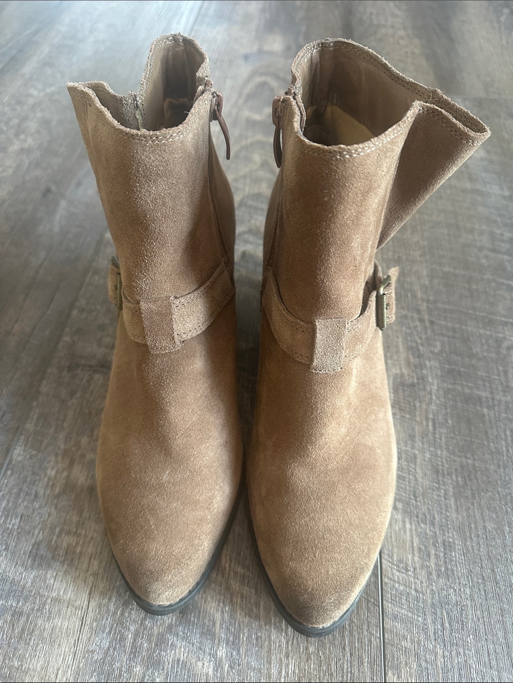 Very Volatile Tan Suede Ankle Booties with Buckle Strap